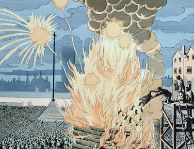 Kissat heitetty kokkiin Place de Greve -aukiolla Pariisissa kesäpäivänseisauksen yönä, kuvitus Abel Hermantin (1862-1950) teoksesta "Le Bon Roi Henri", n. 1900 (värikaiverrus) tekijältä Jacques Marie Gaston Onfray de Breville (Job)