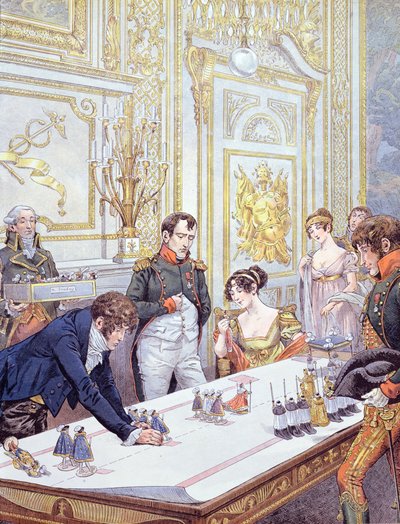 Napoleon (1769-1821) ja hänen vaimonsa Josephine (1763-1814) Valmistelevat kruunajaisia, kuvitus G. Montorgueilin teoksesta "Bonaparte", 1910 tekijältä Jacques Marie Gaston Onfray de Breville (Job)