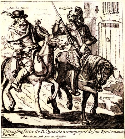 Don Quijote Rossinanten selässä, seuranaan Sancho Panca aasinsa Grisonin selässä, noin 1640 (kuva). tekijältä Jacques Lagniet