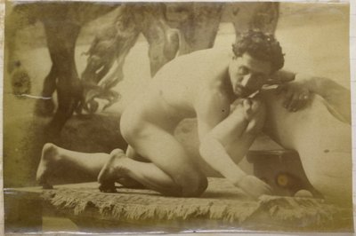 Tutkimus lattialla makaavasta ja mallinuken kanssa painivasta miesalastomallista Jacques de Lalaingin studiossa, mahdollisesti Painit-maalauksen esiselvitys tekijältä Jacques Lalaing (attributed to)