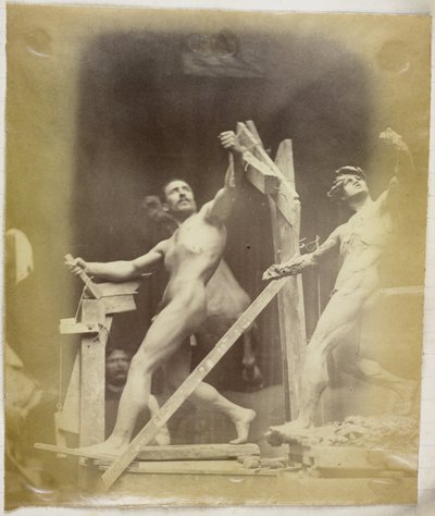 Tutkimus telineessä olevasta miesalastomallista, sivulta katsottuna ja samassa asennossa olevan kipsimallin vierestä Jacques de Lalaingin studiossa tekijältä Jacques Lalaing (attributed to)