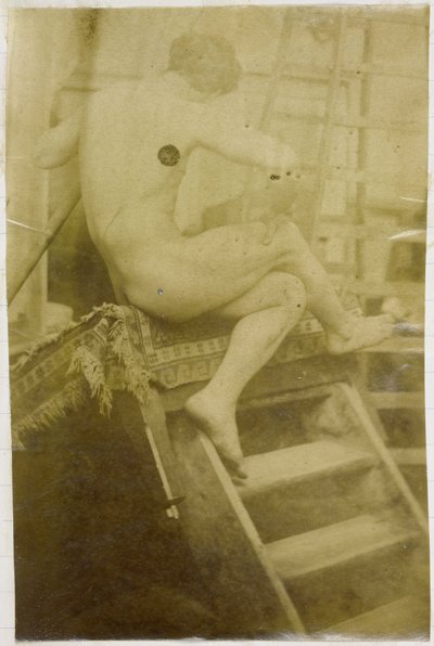Tutkimus miespuolisesta alastonmallista, selästä katsottuna ja istuu askelmassa Jacques de Lalaingin studiossa tekijältä Jacques Lalaing (attributed to)