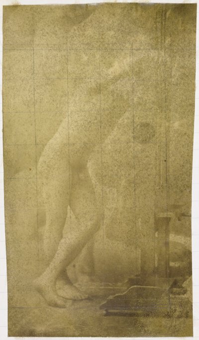 Jacques de Lalaingin studiossa tutkitaan miesalastonta mallia, joka seisoo ja nojaa telinettä vasten tekijältä Jacques Lalaing (attributed to)