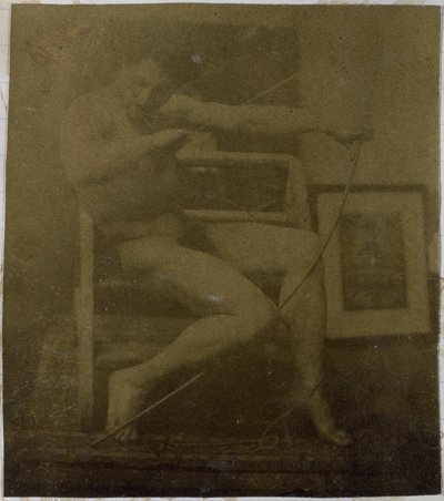 Tutkimus alaston miesmallista, joka istuu askelmassa, edestä katsottuna köysi ja jousi sylissään Jacques de Lalaingin studiossa tekijältä Jacques Lalaing (attributed to)