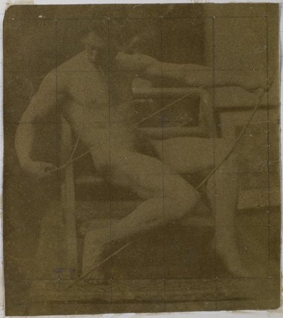 Jacques de Lalaingin studiossa tutkimus alaston miesmallista, joka istuu askelmassa, edestä katsottuna köysi ja jousi sylissään tekijältä Jacques Lalaing (attributed to)