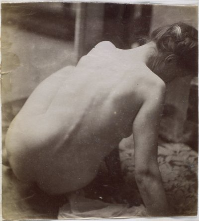 Selvitys naispuolisesta alastomasta mallista katsottuna takaa katsottuna Jacques de Lalaingin studiossa, esiselvitys Musee des Beaux arts, Tournain suihkulähteen elementille ja pyöreälle suihkulähteelle tekijältä Jacques Lalaing (attributed to)