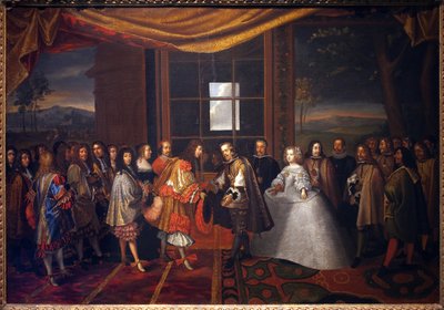 Kolmikymmenvuotinen sota: "" Ranskan kuninkaan Ludvig XIV:n (1638-1715) ja Espanjan Filip IV:n (1605-1665) haastattelu Paisansin saarella 7.11.1659" Espanja suostuu allekirjoittamaan sopimuksen Pyreneet. Philip IV:n tytär Marie Therese (Marie-Therese) tekijältä Jacques Laumosnier