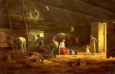 Lypsätyttö, maanviljelijät ja kynnät hevoset navetassa tekijältä Jacques Laurent (circle of) Agasse