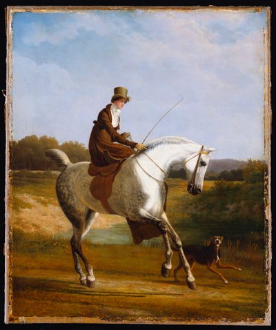 Neiti Cazenove harmaalla metsästäjällä, vieressä juoksevalla koiralla tekijältä Jacques Laurent Agasse
