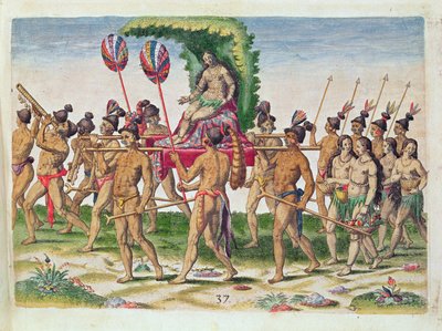 Morsian kuljetetaan päälliköksi, teoksesta "Brevis Narratio...", kaivertanut Theodore de Bry (1528-98), julkaistu Frankfurtissa, 1591 (värillinen kaiverrus) tekijältä Jacques Le Moyne