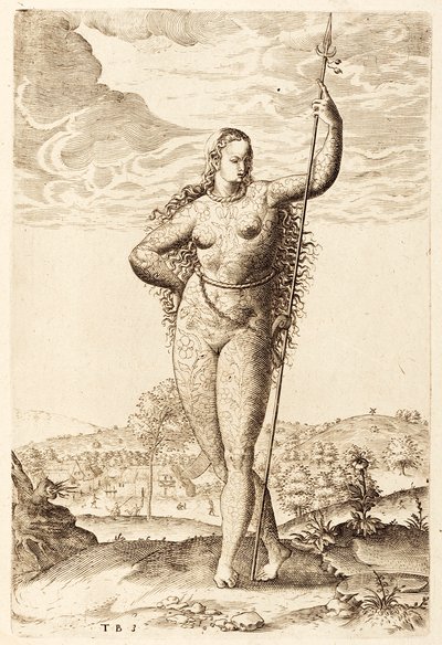Nuori Pictish Woman, c1585 (bw-kaiverrus) tekijältä Jacques Le Moyne