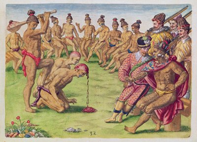 Kuinka vartijaa kohdeltiin huolimattomuudesta, "Brevis Narratio...", kaivertanut Theodore de Bry (1528-98), julkaistu Frankfurtissa, 1591 tekijältä Jacques Le Moyne