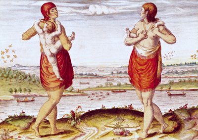 Kuinka Dasamonquepeucin naiset kantavat lapsiaan, teoksesta "Admiranda Narratio...", kaiverrus Theodore de Bry (1528-88) 1585-88 tekijältä Jacques Le Moyne