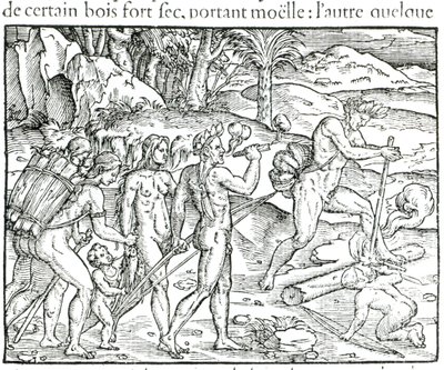 Intiaanit, jotka tekevät tulta metsästyksen jälkeen, kaiverrus Theodor de Bry (1525-75) tekijältä Jacques Le Moyne
