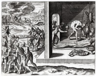 Intialaiset hautajaisrituaalit, "Americae", kirjoittanut ja kaivertanut Theodor de Bry (1525-75), 1602 tekijältä Jacques Le Moyne