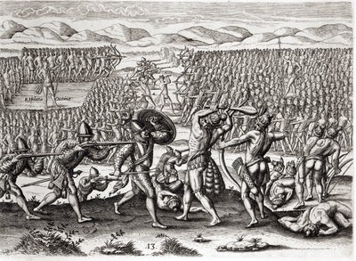 Outina voittaa Patanoun ranskalaisten avulla, Florida, 1564, Theodore de Bryn (1528-98) kaiverruksesta "Brevis Narratio" 1591 (katso myös 223425 ja 173458). tekijältä Jacques Le Moyne