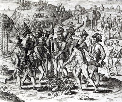 Espanjalaiset vastaanottamassa lahjoja intialaisista, "Historia", 1598, kaiverrus Theodor de Bry (1528-98) tekijältä Jacques Le Moyne
