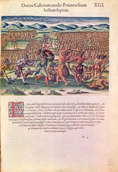 The French Help the Indians in Battle, Theodore de Bryn (1528-98) kaiverruksesta, joka julkaistiin Frankfurtissa vuonna 1591 (katso myös 111679) Brevis Narratio. tekijältä Jacques Le Moyne