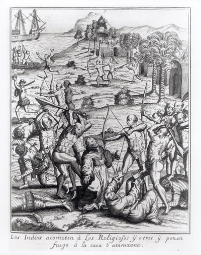Intiaanit hyökkäämässä pappeja ja muita vastaan ja sytyttävät heidän talonsa, kaiverrus "Americae", kirjoittanut ja kaivertanut Theodor de Bry (1528-98) tekijältä Jacques Le Moyne