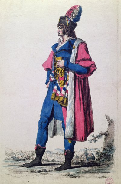 Ranskan kansan edustajan puku vuonna 1793, "Uusi kokoelma sotilasasuja Ranskasta ja muista maista, vanhoja ja moderneja", Pariisi tekijältä Jacques Louis (after) David
