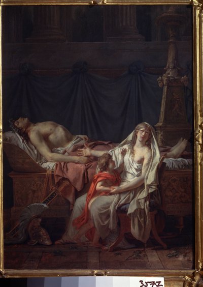 ""Andromache suree Hectoria"" (Andromache suree Hectoria). Kutsutaan myös "Andromachen tuskaksi ja katumukseksi Hectorin aviomiehen ruumiissa". Andromaque ja hänen poikansa Astyanax Hectorin ruumiin edessä, kuoli Troijan sodan aikana. Jacqin maalaus tekijältä Jacques Louis David