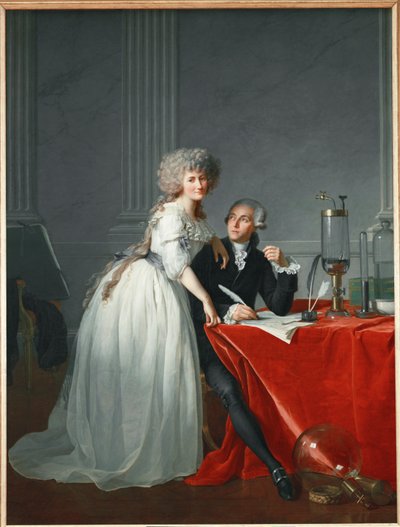 Antoine Laurent Lavoisier ja vaimo, Ranskan vallankumouksen aikana teloitettu ranskalainen kemisti (öljyä kankaalle). tekijältä Jacques Louis David