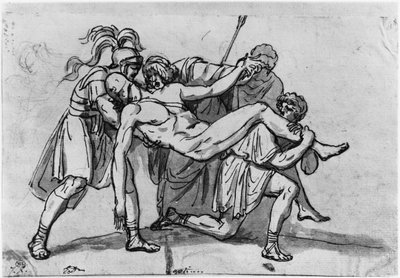 Death of Meleager (kynä ja ruskea muste ja harmaa pesu ja pierre noire paperilla) tekijältä Jacques Louis David