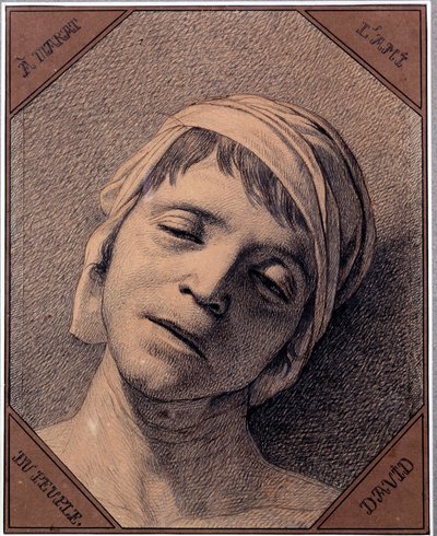 Tutkimus 13.7.1793 murhatun Jean Paul Maratin (1763-1793) pään luonnosta Jacques Louis Davidin (1748-1825) piirustus. Mitat 0,27 x 0,21 m Versaillesin linnamuseo tekijältä Jacques Louis David