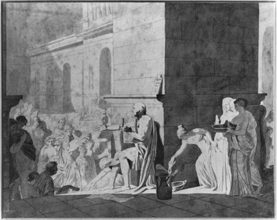 Homeros lausuu runojaan, 1794 (kynä ja musta muste ja grafiitti ja harmaa tussi ja punainen liitu paperille) tekijältä Jacques Louis David