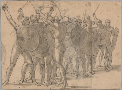 Alastomia sotilaita elehtimässä aseillaan (recto); Kaksi verhotutkimusta Tatiuksen hahmosta (käänteinen) tekijältä Jacques Louis David