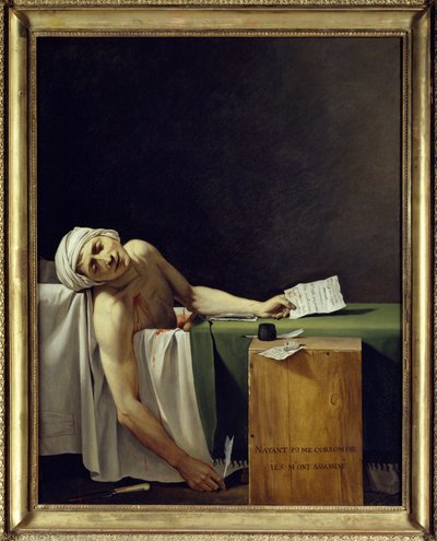Maratin kuolema (John Paul Marat (1743-1793) murhattu). Jacques Louis Davidin (1748-1825) maalaus. 1793 Su. 1,62 x 1,3 m. Louvre-museo Pariisissa tekijältä Jacques Louis David