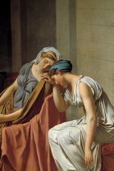 Naisia edustava Horaces Detailin vala romahti kivusta. Jacques Louis Davidin (1748-1825) maalaus 1784 su. 0,26x0,37 m tekijältä Jacques Louis David