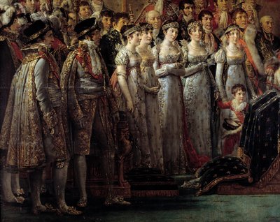 Napoleonin riitti. Yksityiskohta, joka kuvaa keisarin veljiä ja sisaria keisari Napoleon I Bonaparten pyhän ja Imperatrice Josephinen kruunauksen aikana Notre-Dame de Parisissa 2. joulukuuta tekijältä Jacques Louis David
