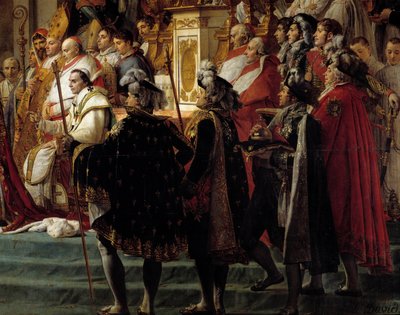 Napoleonin riitti. Yksityiskohta, joka kuvaa etualalla paavi Pius VII:n kanssa keisari Napoleon I Bonaparten pyhän ja Imperatrice Josephinen kruunauksen aikana Notre-Dame de Parisissa 2. joulukuuta tekijältä Jacques Louis David