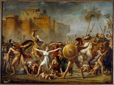 Sabiinit seisomassa roomalaisten aviomiestensä (oikealla) ja sabiiniveljensä (vasemmalla) välillä näyttäen heille lapsiaan - Jacques-Louis (Jacques Louis) Davidin (1748-1825) maalaus tekijältä Jacques Louis David