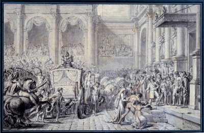 Keisari Napoleon I:n (1769-1821) vaunun saapuminen Hotel de Ville de Parisiin 16.12.1804 hänen hallituksensa johdosta Jacques Louis Davidin (1748-1825) piirustus 1804 Su. 0,26x0,4 m Pariisi, Musee du Louvre tekijältä Jacques Louis David