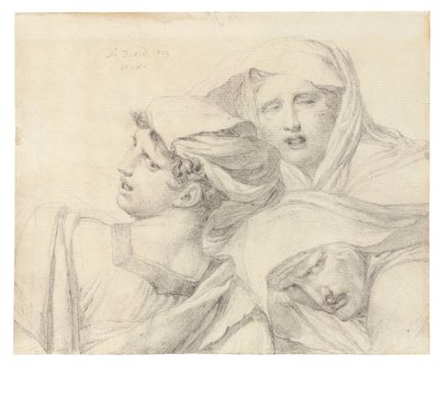 Kolme naista klassisessa mekossa, rinnanpituus, ahdistuneilla ilmeillä, 1819 tekijältä Jacques Louis David
