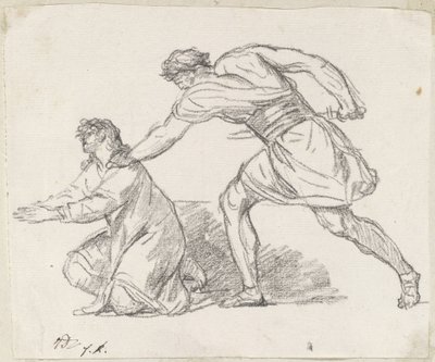 Soturi tarttuu polvistuvaan hahmoon tekijältä Jacques Louis David