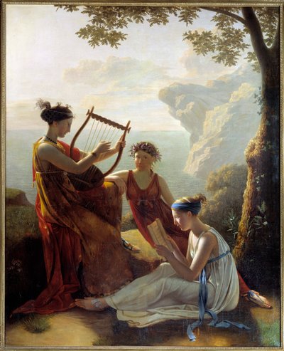 Kreikkalainen runoilija Sapho (Sappho) soittamassa lyyraa ja kaksi hänen toveriaan Jacques Louis Grandinin (1780-?) maalaus 1808 Pariisi, Musee Marmottan tekijältä Jacques Louis Michel Grandin