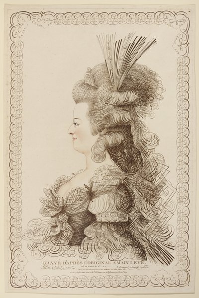 Kalligrafinen muotokuva Marie Antoinettesta, 1787 (etsaus ja kaiverrus) tekijältä Jacques-Louis Petit