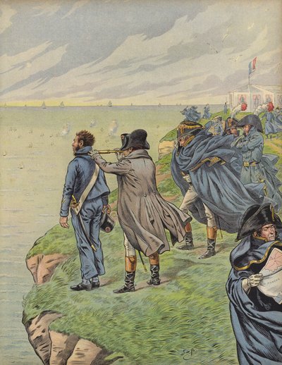 Napoleon Bonaparte tarkkailee laivastoaan niiden lähteessä Boulognessa tekijältä Jacques Marie Gaston Onfray de Breville (Job)