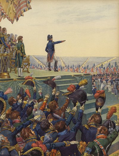 Napoleon Bonaparten armeija vannoo hänelle uskollisuutta. tekijältä Jacques Marie Gaston Onfray de Breville (Job)
