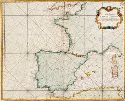 Länsi-Euroopan kartta, jossa Pariisin pituuspiiri on Prime tekijältä Jacques Nicolas Bellin