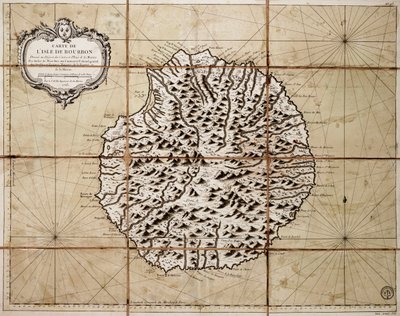 Bourbonin saaren kartta, joka on laadittu karttojen ja merikarttojen talletuslaitoksessa. tekijältä Jacques Nicolas Bellin