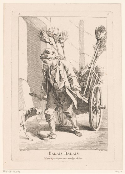 Katukauppias luudoineen Balais Balais (otsikko esineessä) Cris de Paris (sarjan nimi) Street Vendors of Paris (sarjan nimi) tekijältä Jacques Philippe Le Bas