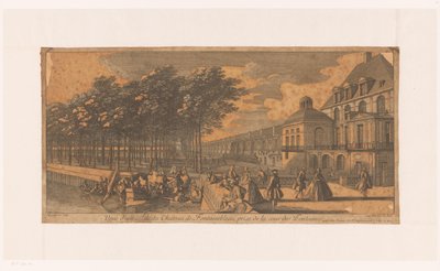 Gezicht op een laan bij de Cour de la Fontaine van kasteel Fontainebleau Näkymä Château Fontainebleaun siivestä Cour des Fontaines -kadulta (otsikko esineessä) tekijältä Jacques Rigaud