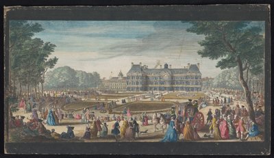 Näkymä Palais du Luxembourgiin Pariisissa nähtynä puutarhasta Les promenades du Luxembourg (otsikko esineessä) tekijältä Jacques Rigaud