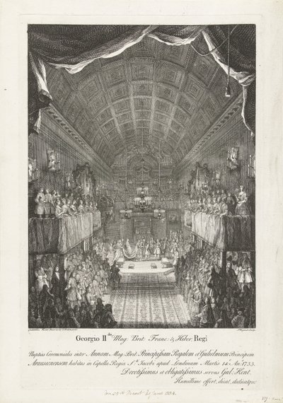 Huwelijk van Willem IV tapasi prinssit Annan, 1734 George II Mag: Brit: Franc: & Hiber. Kuninkaan hääseremonia Annen (...) ja Williamin (...) välillä Tiistai 14.: Ano: 1733 (...) (otsikko esineessä) tekijältä Jacques Rigaud