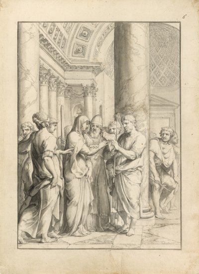 Marriage of the Virgin, n. 1640 (kynä ja musta muste, siveltimellä ja harmaalla ja vaaleanruskealla pesulla ja grafiitilla, palasilla kermanvärisellä paperilla) tekijältä Jacques Stella