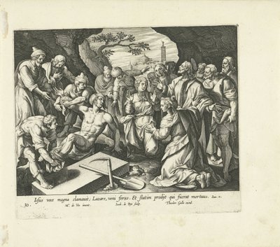 Lasaruksen herättäminen Vita, passio et resvrrectio Iesv Christi (sarjan nimi) Kristuksen elämä, kärsimys ja ylösnousemus (sarjan nimi) tekijältä Jacques de Bie